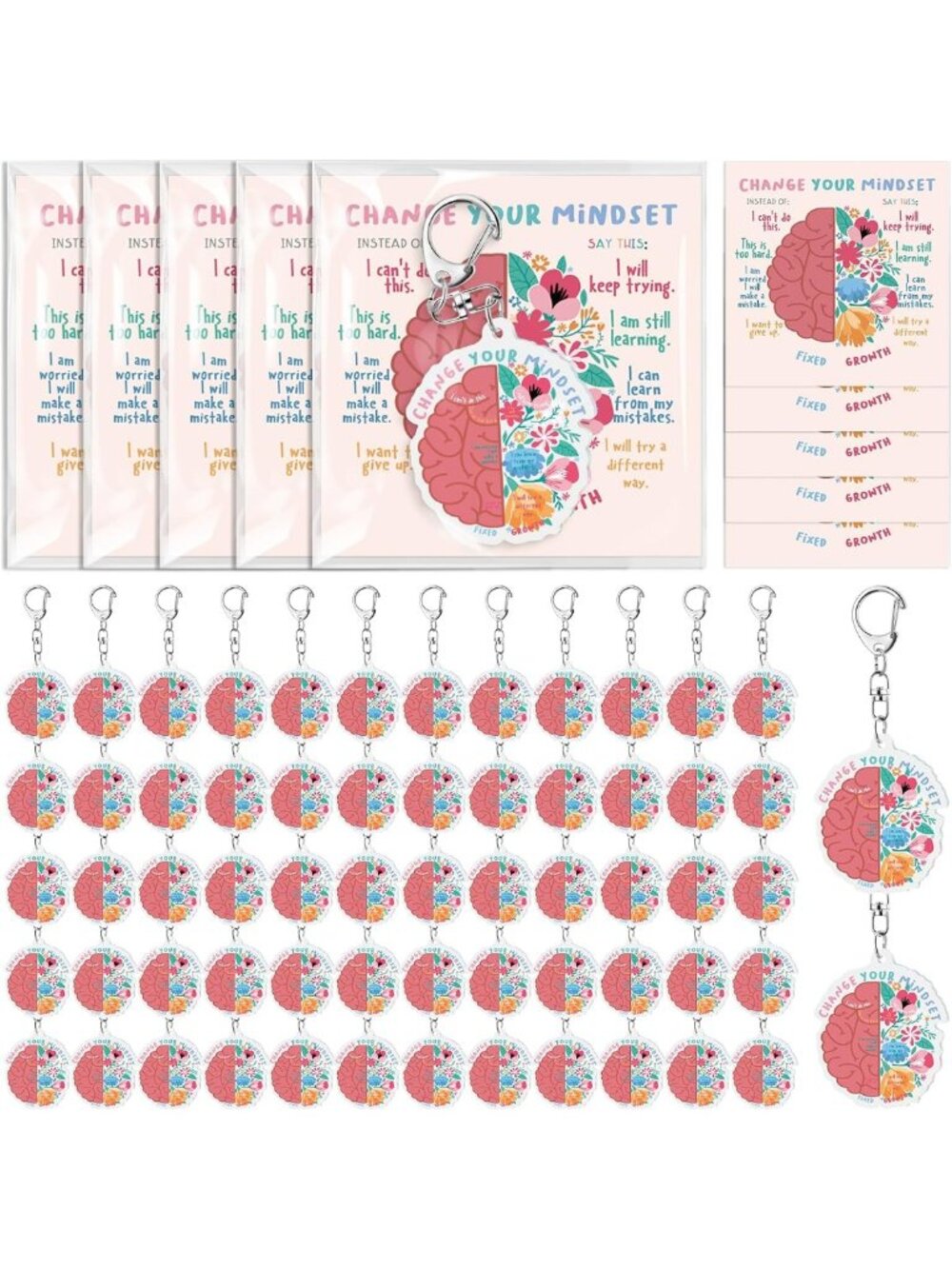 100 Growth Mindset Keychains Set - Inspirational Key Rings for Positive Change